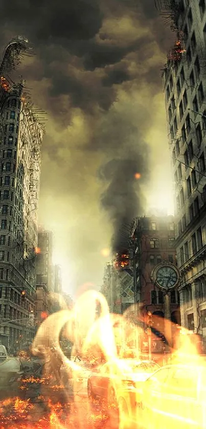 Apocalyptic cityscape with dark sky and burning streets.