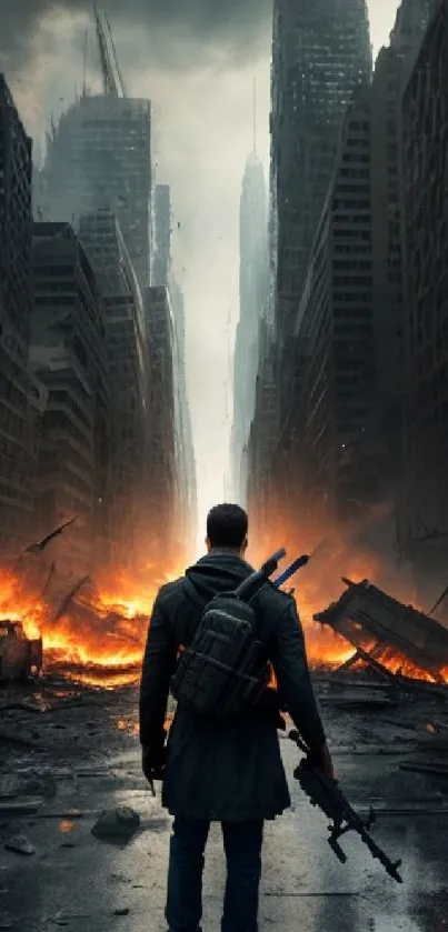 Dark apocalyptic cityscape with fire and lone figure in the foreground.