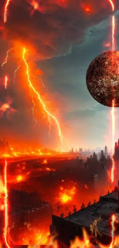 Apocalyptic cityscape with fiery meteors and storm clouds in a dramatic skyline.