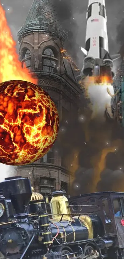 Apocalyptic cityscape with burning buildings and smoky skies.