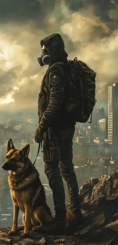 Apocalyptic urban scene with a man and dog overlooking a city