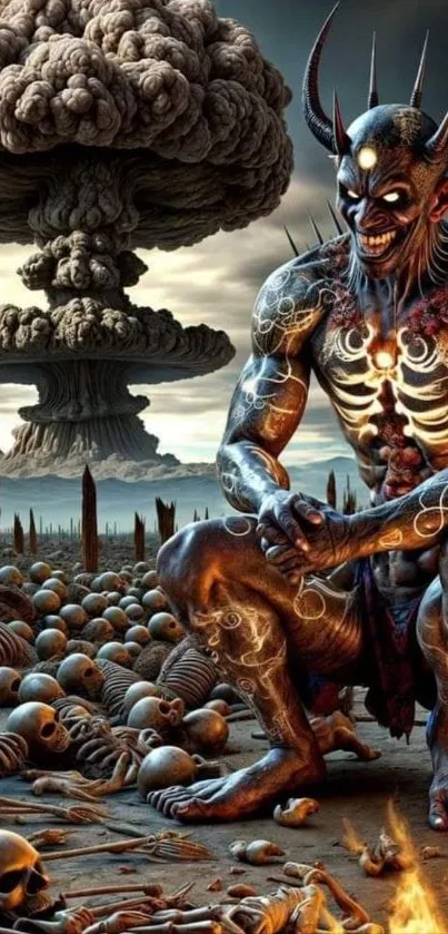 Demon surrounded by skulls in a surreal apocalyptic scene.