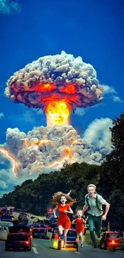 Dramatic wallpaper with a nuclear explosion and fleeing figures under a blue sky.