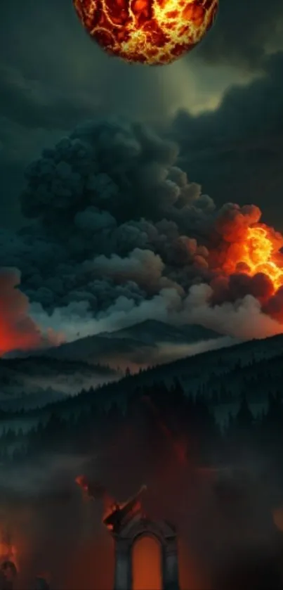 Apocalyptic scene with fiery sky and dark clouds over a forest.