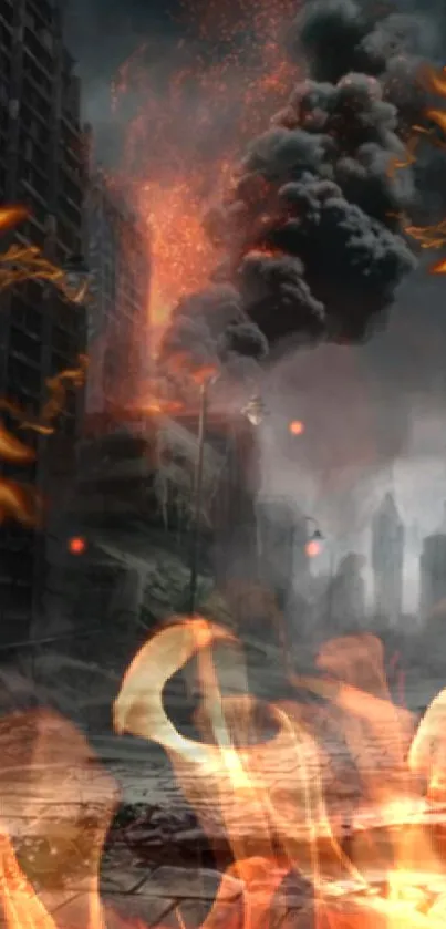 Apocalyptic city with flames and smoke in a dystopian setting.