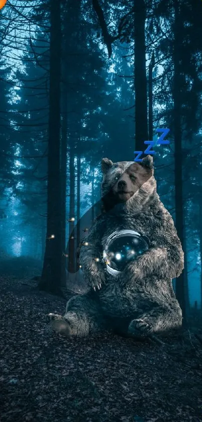 A bear in a mystical forest with emojis, creating a surreal wallpaper scene.