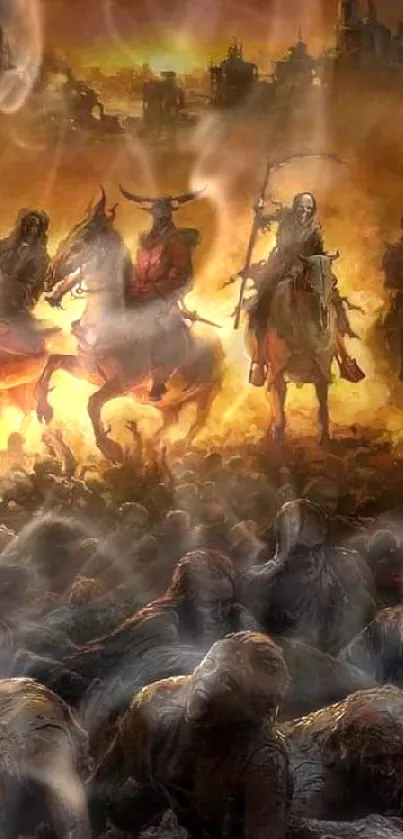 Apocalyptic scene with horsemen and fiery backdrop.