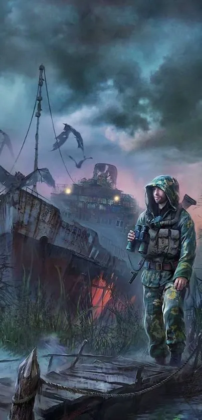 Apocalyptic scene with shipwreck and hooded figure in stormy weather.