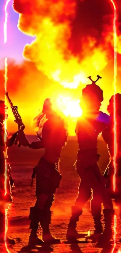 Silhouettes and a fiery explosion at sunset in the desert, creating a dramatic scene.