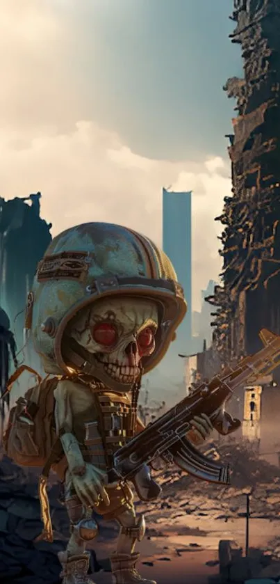 Skeleton soldier in apocalyptic cityscape mobile wallpaper.