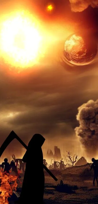 Apocalyptic sunset with fiery explosions and silhouettes in a dystopian scene.