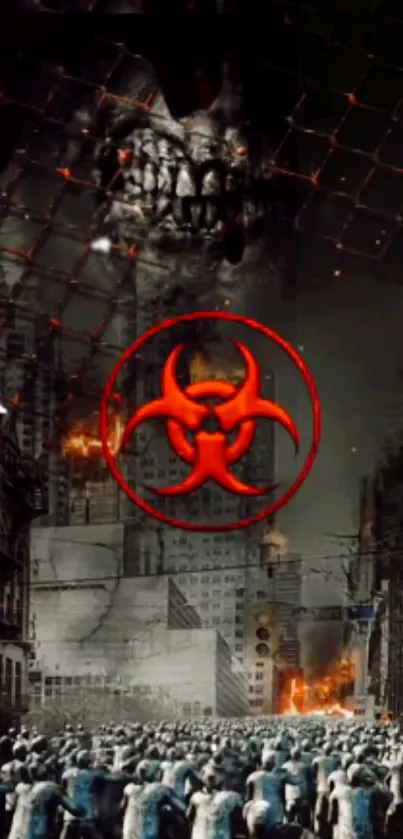 Apocalyptic scene with biohazard symbol and zombies in dark cityscape.