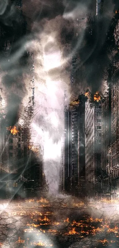 Apocalyptic urban scene with burning buildings and dark sky.