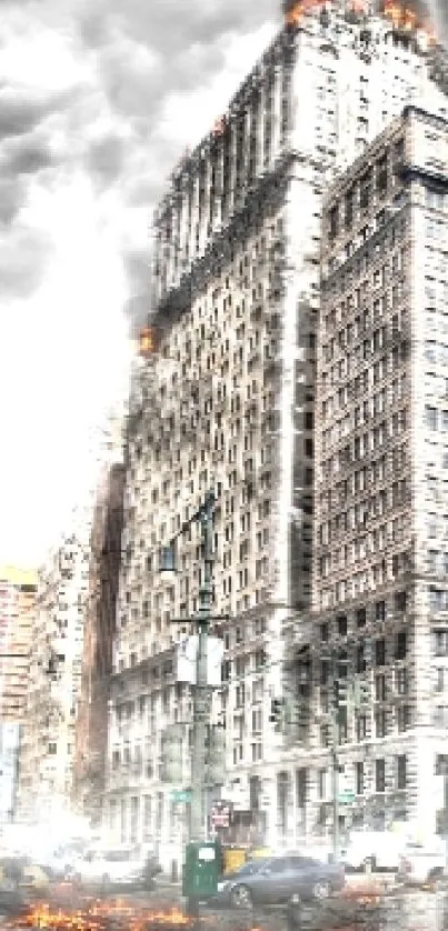 Apocalyptic cityscape with burning buildings and smoke-filled sky.