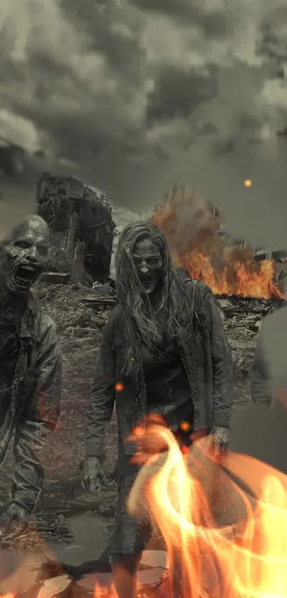 Apocalyptic scene with zombies and flames on a desolate landscape.