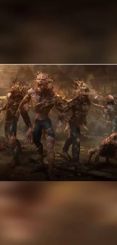 Zombie horde in apocalyptic setting with dark, eerie atmosphere.