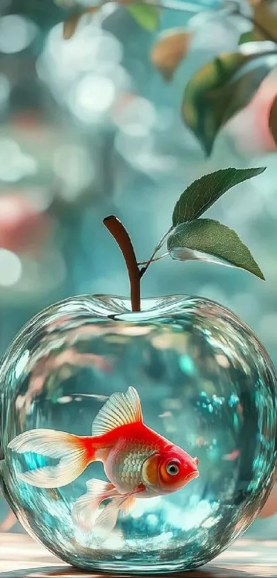 Goldfish inside apple-shaped glass orb with leaves.