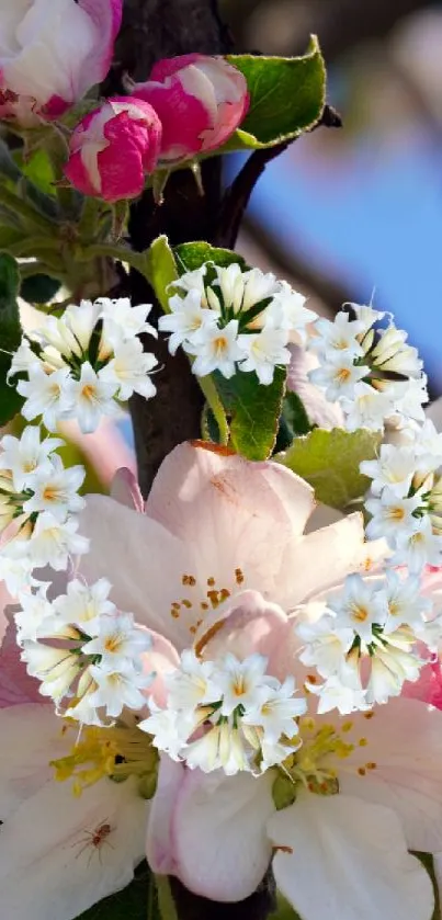 Mobile wallpaper of blossoming apple tree branches with pink flowers.