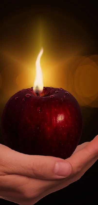 Hand holds a glowing apple candle in the dark.