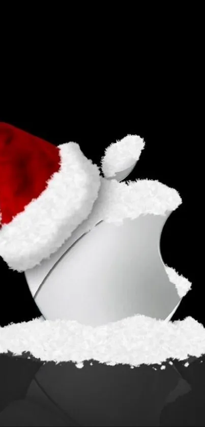 Apple logo with Santa hat on black background.