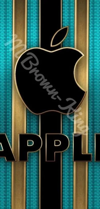 Elegant teal wallpaper with Apple logo and gold accents.