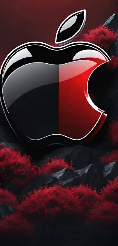 Glossy Apple logo with red trees and dark backdrop.