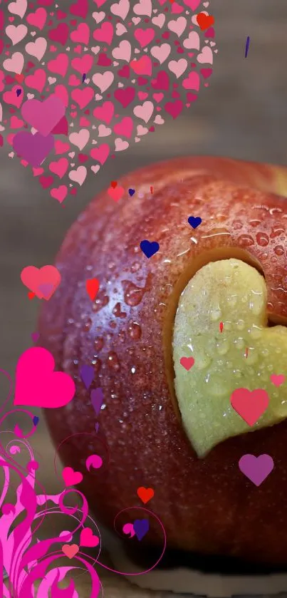 Red apple with heart design on rustic wood.