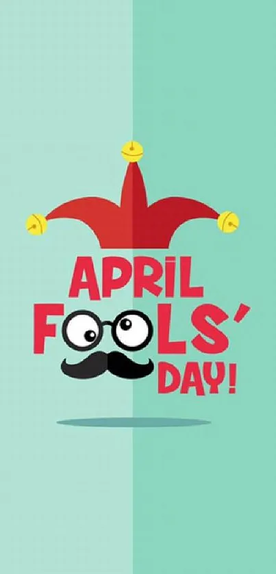 April Fools' Day wallpaper with jester hat and mustache on teal background.