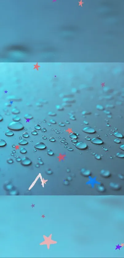 Aqua blue mobile wallpaper with droplets and colorful stars creating a calm vibe.