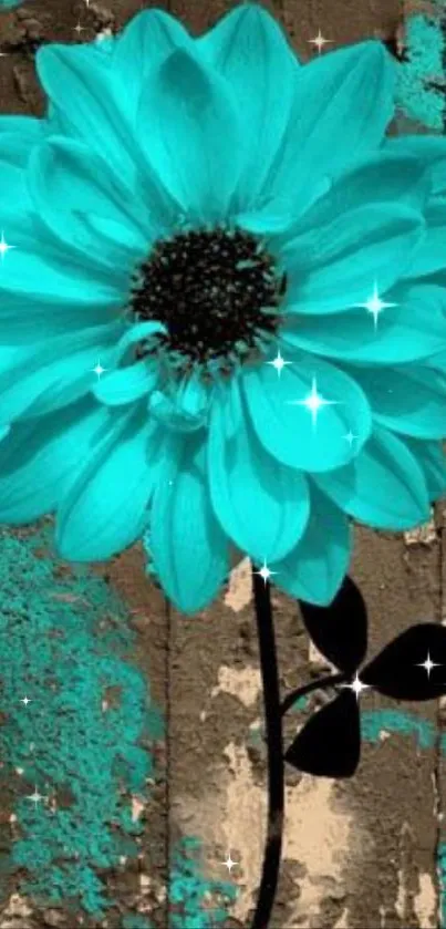 Aqua flower on rustic textured background with artistic flair.