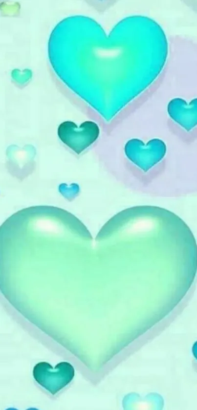 Vibrant aqua hearts on mobile wallpaper background.