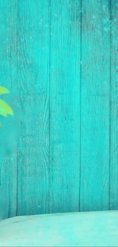 Aqua background with wooden texture and a yellow flower accent.
