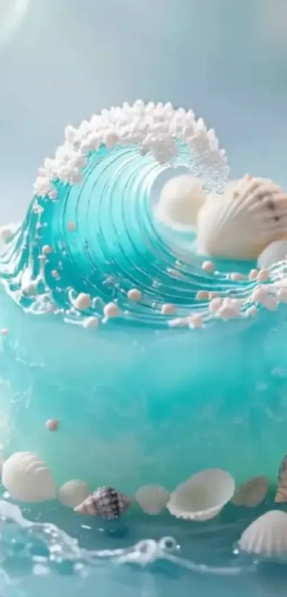 Aqua-themed cake with wave and seashell design