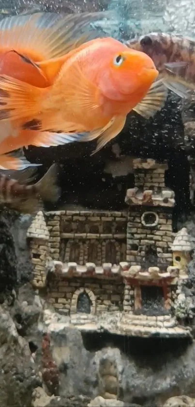 Colorful aquarium wallpaper with fish near a detailed brick castle.