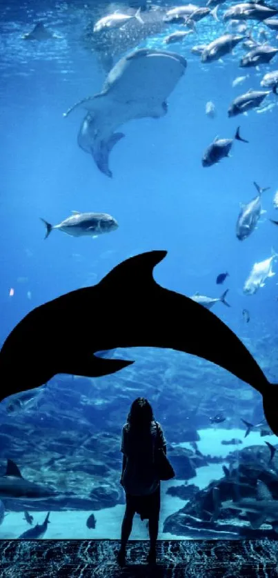 Aquarium wallpaper with dolphin silhouette and swimming fish.