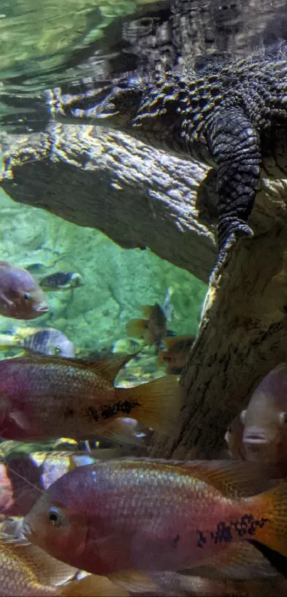 Underwater scene with a crocodile and colorful fish in an aquarium.