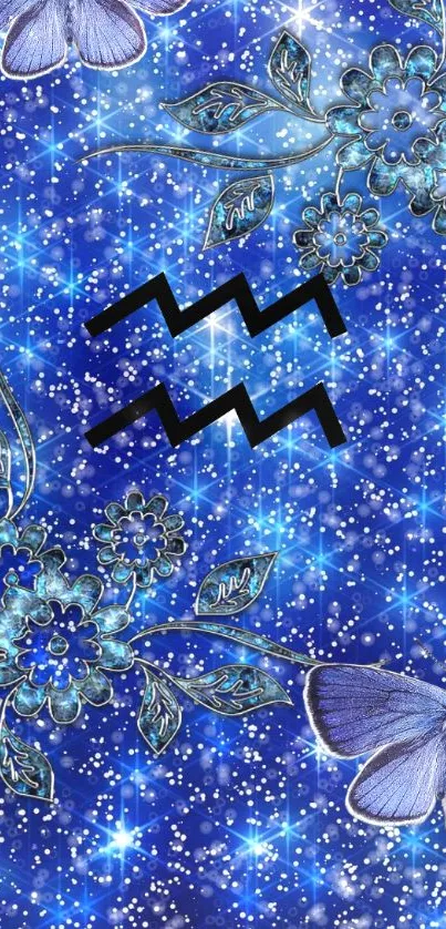 Aquarius symbol with blue florals and butterflies on a starry background.