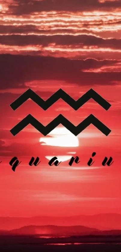 Aquarius symbol over a red sunset sky wallpaper.