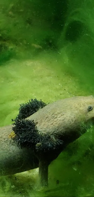 Axolotl in green underwater setting, nature wallpaper.