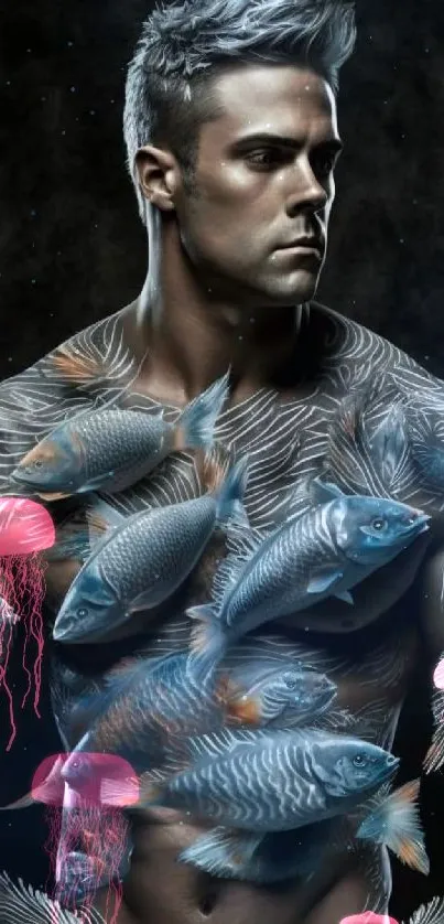 Tattooed man with fish design on body.