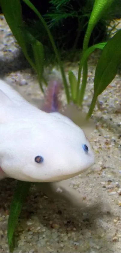 Unique underwater creature with green plants in a serene setting.