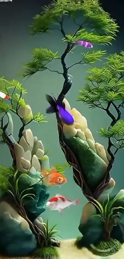 Fantasy aquatic wallpaper with fish and foliage art design.