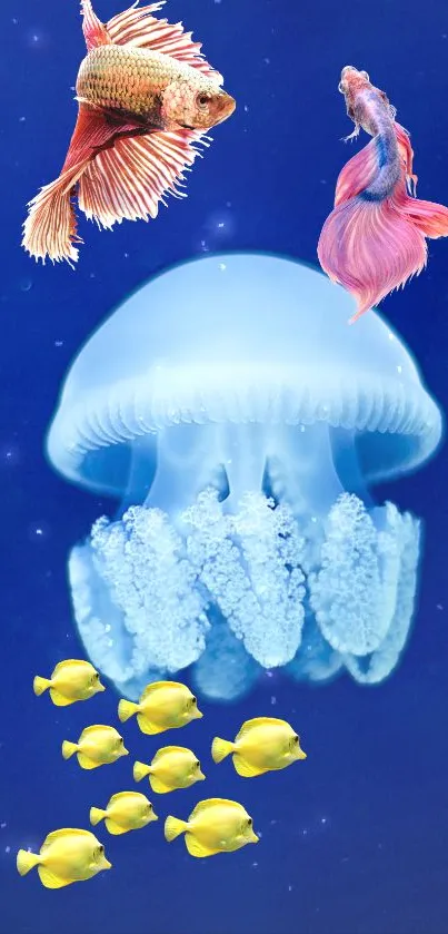 Vibrant blue wallpaper with jellyfish and colorful fish.