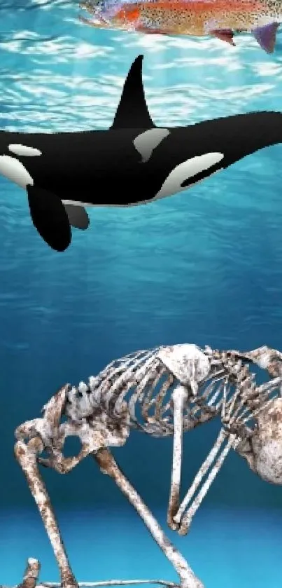 Underwater scene with skeleton, orca, and fish