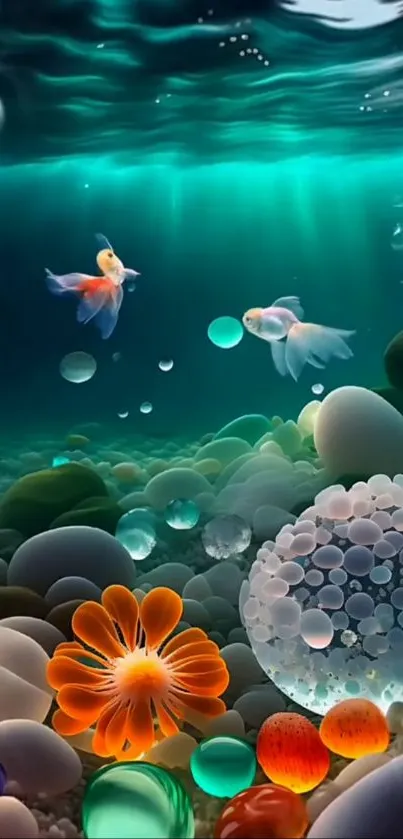 Colorful underwater scene with fish and corals in vibrant hues.