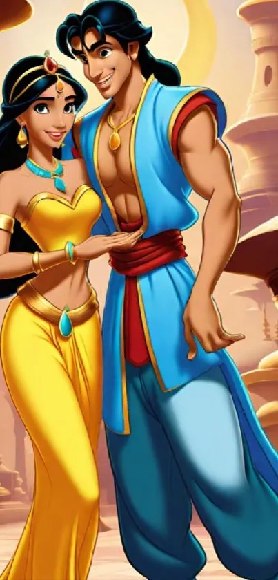 Animated Arabian couple in vibrant attire.