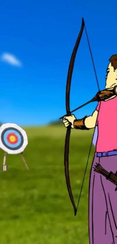 An archer aims at a target on a bright sunny day with a clear blue sky.