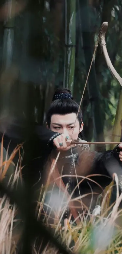 A skilled archer aims in a serene bamboo forest setting.