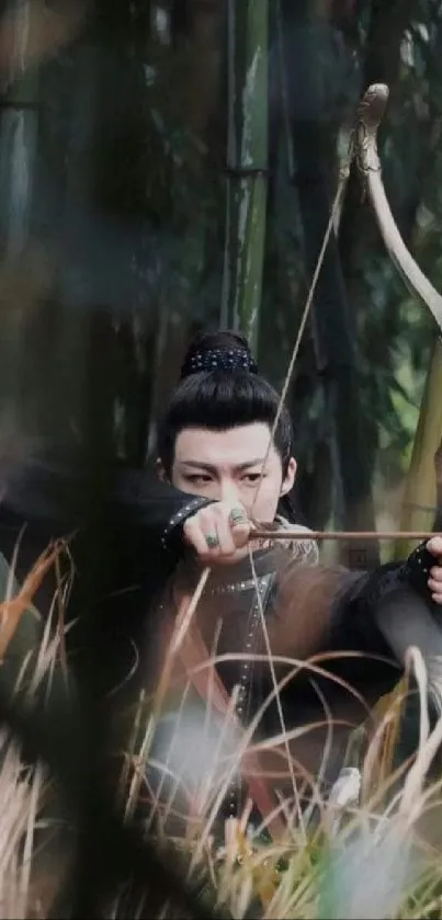 Man aiming an arrow in a bamboo forest setting.