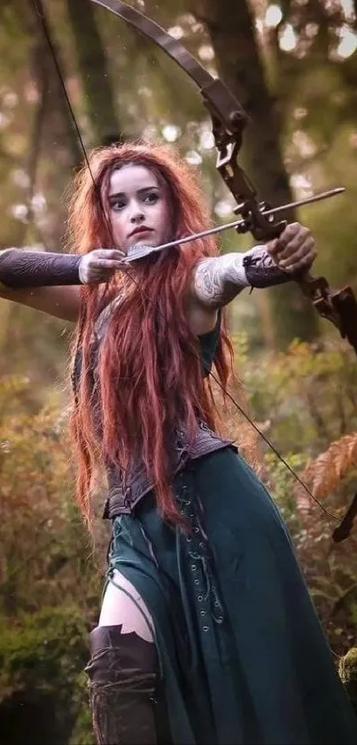 Female archer poised with bow in a lush forest setting.